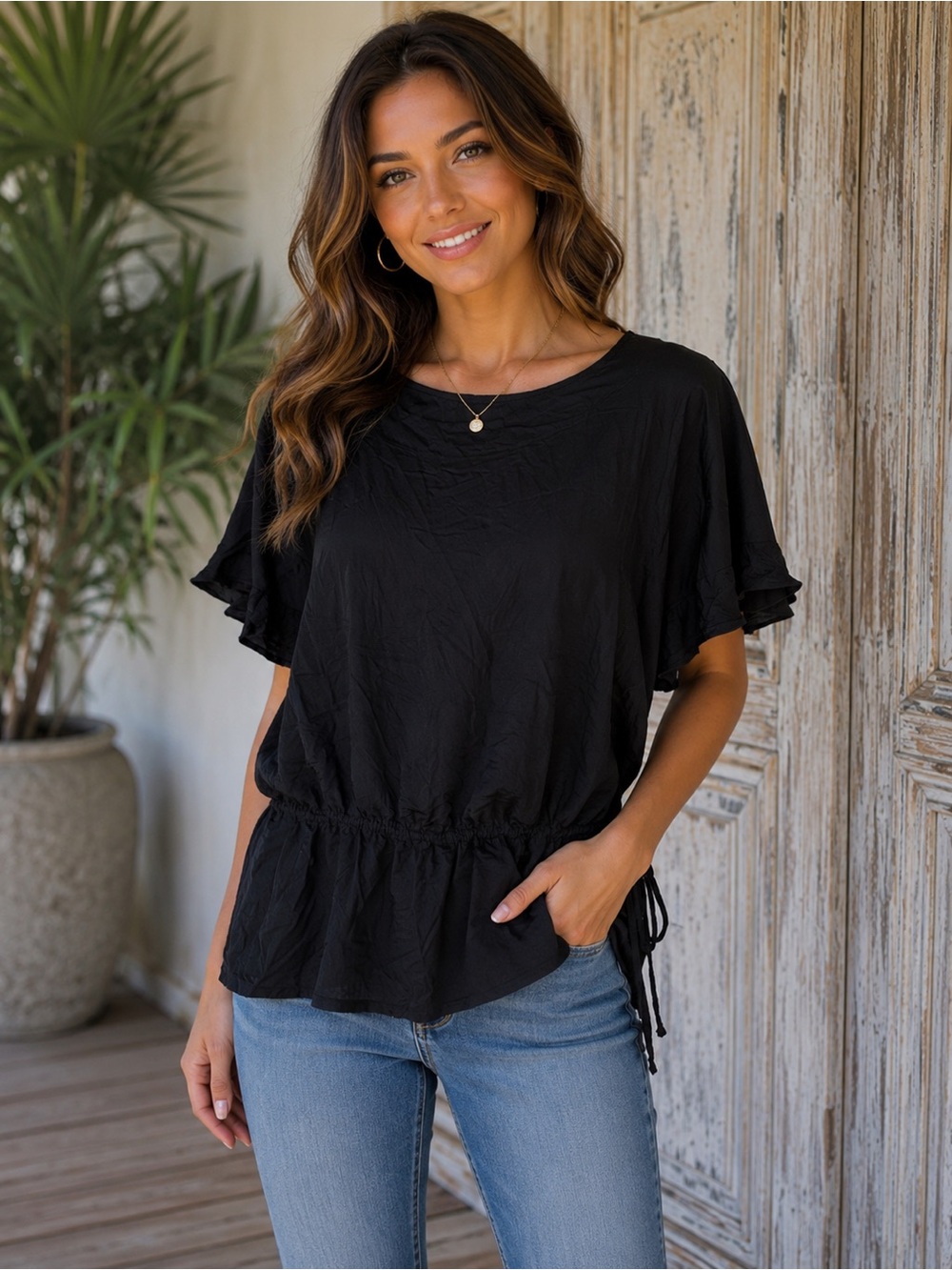 Willi Smith Black Peplum Short Sleeve Top- Medium